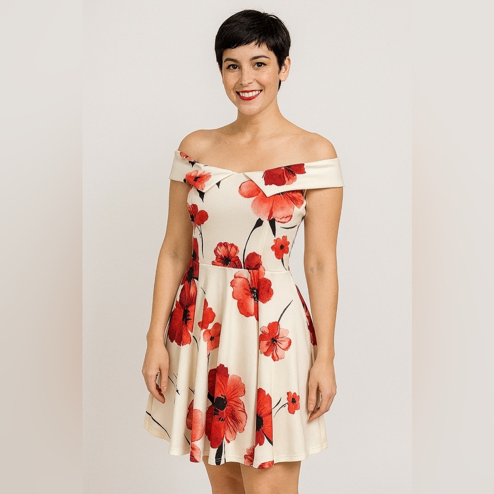 B. Darlin Cocktail Dress fitted bodice full skirt off shoulder. Size 1/2 AR1